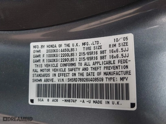 2006 Honda CR-V EX SE with VIN SHSRD78926U408509, listed as a IAAI auction lot 41699972 with 200,000 mi miles. Bid and sale history available at carsss.com. Image 9.
