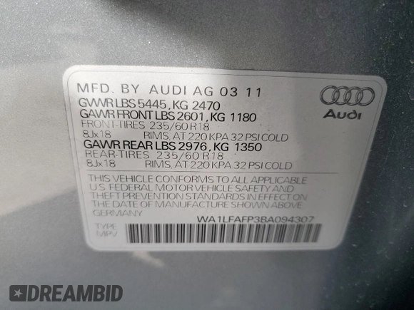 2011 Audi Q5 Premium Plus with VIN WA1LFAFP3BA094307, listed as a Copart auction lot 61097305 with 162,366 mi miles and Clean title. Bid and sale history available at DreamBid. Image 13.