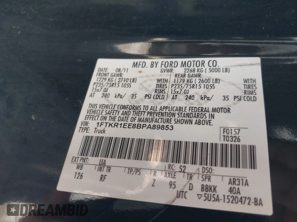 2011 Ford Ranger XL with VIN 1FTKR1EE8BPA89853, listed as a IAAI auction lot 41984435 with 162,216 mi miles. Bid and sale history available at carsss.com. Image 9.