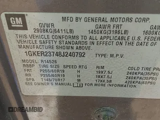 2008 GMC Acadia SLT1 with VIN 1GKER23748J240792, listed as a IAAI auction lot 42173812 with Not Provided miles. Bid and sale history available at carsss.com. Image 9.