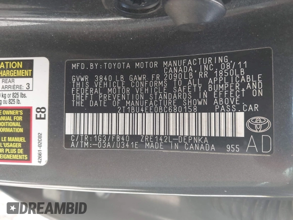 2011 Toyota Corolla L with VIN 2T1BU4EE0BC680158, listed as a IAAI auction lot 42060987 with 131,669 mi miles. Bid and sale history available at carsss.com. Image 9.