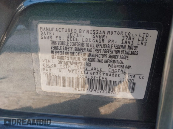 2014 Nissan Sentra S with VIN 3N1AB7AP9EY314703, listed as a IAAI auction lot 42109792 with 57,332 mi miles and . Bid and sale history available at DreamBid. Image 9.