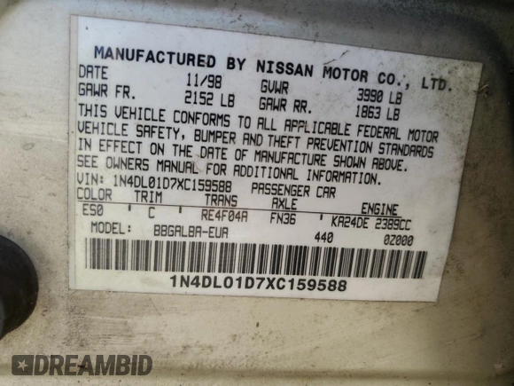 1999 Nissan Altima XE with VIN 1N4DL01D7XC159588, listed as a Copart auction lot 48574985 with 207,516 mi miles and Salvage Title. Bid and sale history available at carsss.com. Image 12.