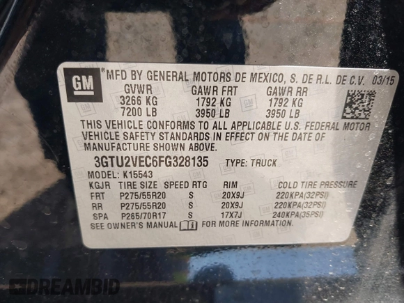 2015 GMC Sierra 1500 SLT with VIN 3GTU2VEC6FG328135, listed as a IAAI auction lot 42056412 with 151,458 mi miles and . Bid and sale history available at DreamBid. Image 9.