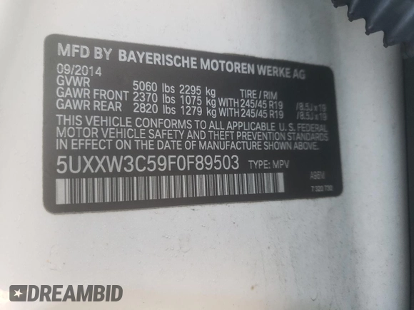 2015 BMW X4 xDrive28i with VIN 5UXXW3C59F0F89503, listed as a Copart auction lot 44500354 with 141,431 mi miles. Bid and sale history available at carsss.com. Image 14.