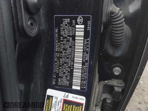 2013 Toyota Camry L with VIN 4T1BF1FK6DU222137, listed as a IAAI auction lot 41910131 with 139,743 mi miles. Bid and sale history available at carsss.com. Image 9.