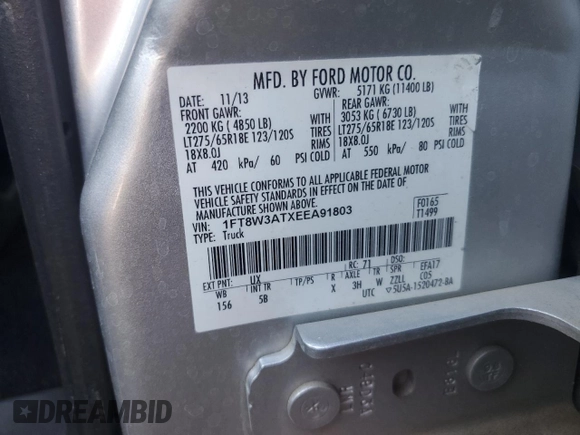 2014 Ford F-350 с VIN 1FT8W3ATXEEA91803, выставлен на аукционе Copart как лот 57905365 с пробегом Не указан миль и Списание • Salvage title. История ставок и продаж доступна на DreamBid. Изображение 12.