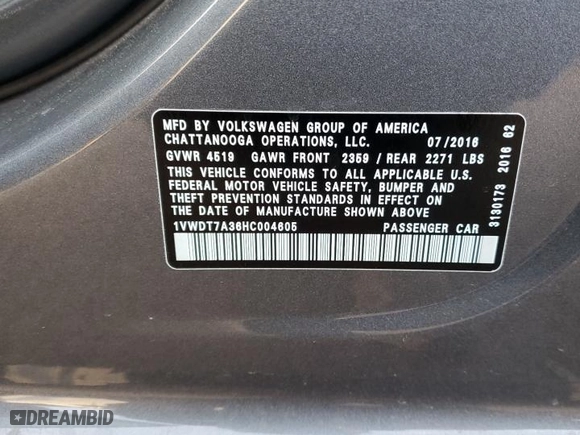 2017 Volkswagen Passat R-Line w/Comfort Pkg with VIN 1VWDT7A36HC004605, listed as a Copart auction lot 48807565 with 120,819 mi miles and Salvage Title. Bid and sale history available at carsss.com. Image 14.