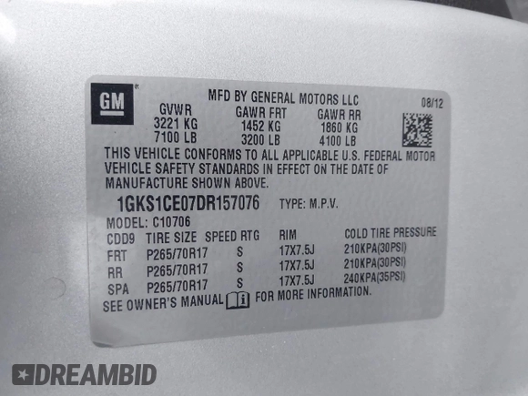 2013 GMC Yukon SLT with VIN 1GKS1CE07DR157076, listed as a IAAI auction lot 41557228 with 148,242 mi miles. Bid and sale history available at carsss.com. Image 9.