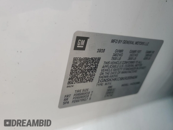 2019 Chevrolet Suburban LT with VIN 1GNSKHKC6KR205434, listed as a Copart auction lot 53950265 with 104,384 mi miles and Salvage Title. Bid and sale history available at DreamBid. Image 13.