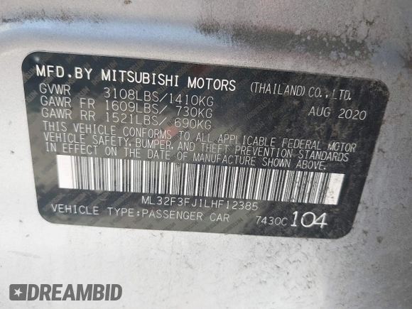 2020 Mitsubishi Mirage ES z VIN ML32F3FJ1LHF12385, wystawiony jako IAAI lot #41857039 z przebiegiem 64 909 mil mil oraz . Historia ofert i sprzedaży dostępna na DreamBid. Obrazek 9.