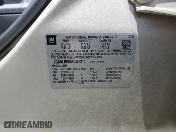 2015 GMC Terrain SLE z VIN 2GKALREK0F6436314, wystawiony jako Copart lot #55892335 z przebiegiem 93 025 mil mil oraz Szkoda całkowita • Salvage title. Historia ofert i sprzedaży dostępna na DreamBid. Obrazek 14.