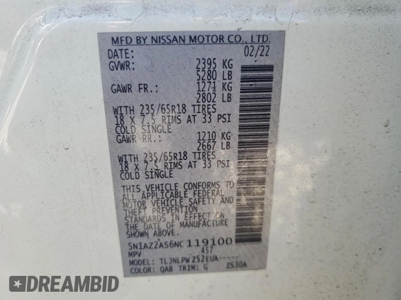 2022 Nissan Murano S z VIN 5N1AZ2AS6NC119100, wystawiony jako Copart lot #86615944 z przebiegiem 61 319 mil mil oraz Szkody całkowita. Historia ofert i sprzedaży dostępna na DreamBid. Obrazek 13.