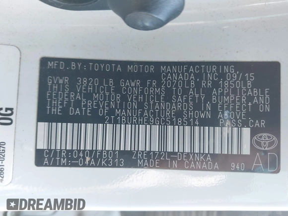 2016 Toyota Corolla L z VIN 2T1BURHE9GC518514, wystawiony jako IAAI lot #41286825 z przebiegiem 144 579 mil mil oraz . Historia ofert i sprzedaży dostępna na DreamBid. Obrazek 9.
