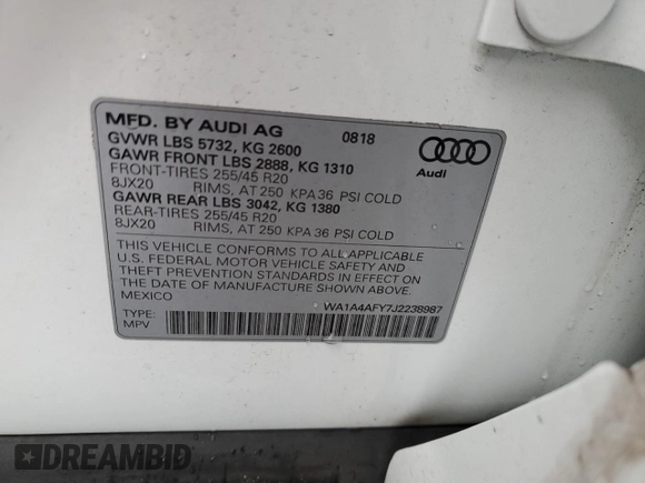 2018 Audi SQ5 Premium Plus with VIN WA1A4AFY7J2238987, listed as a Copart auction lot 82103784 with 57,879 mi miles and Salvage Title. Bid and sale history available at DreamBid. Image 13.