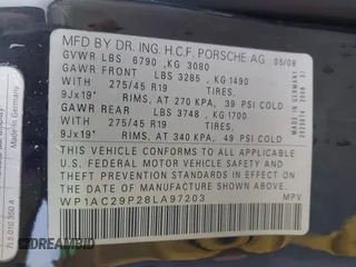 2008 Porsche Cayenne Turbo with VIN WP1AC29P28LA97203, listed as a IAAI auction lot 41541313 with 192,281 mi miles. Bid and sale history available at carsss.com. Image 9.