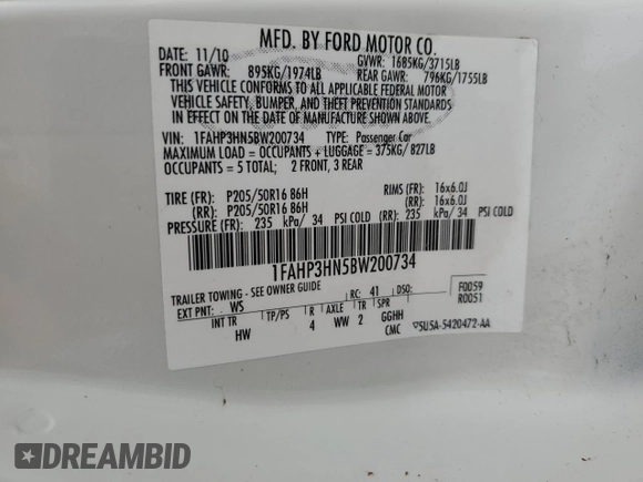 2011 Ford Focus SEL with VIN 1FAHP3HN5BW200734, listed as a Copart auction lot 51897025 with 156,219 mi miles and Salvage Title. Bid and sale history available at DreamBid. Image 12.