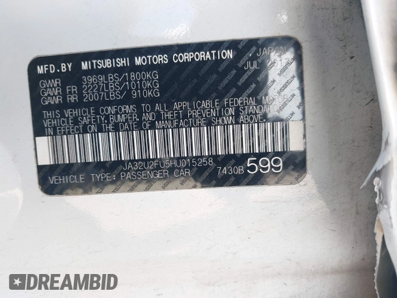 2017 Mitsubishi Lancer ES with VIN JA32U2FU5HU015258, listed as a IAAI auction lot 42121579 with 175,762 mi miles. Bid and sale history available at carsss.com. Image 9.