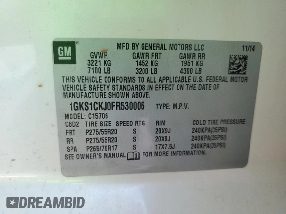 2015 GMC Yukon Denali with VIN 1GKS1CKJ0FR530006, listed as a Copart auction lot 66010184 with 140,292 mi miles and Clean Title. Bid and sale history available at carsss.com. Image 14.