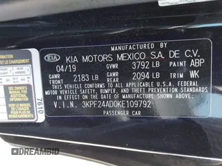 2019 Kia Forte LXS with VIN 3KPF24AD0KE109792, listed as a IAAI auction lot 42242300 with 57,680 mi miles and . Bid and sale history available at DreamBid. Image 9.