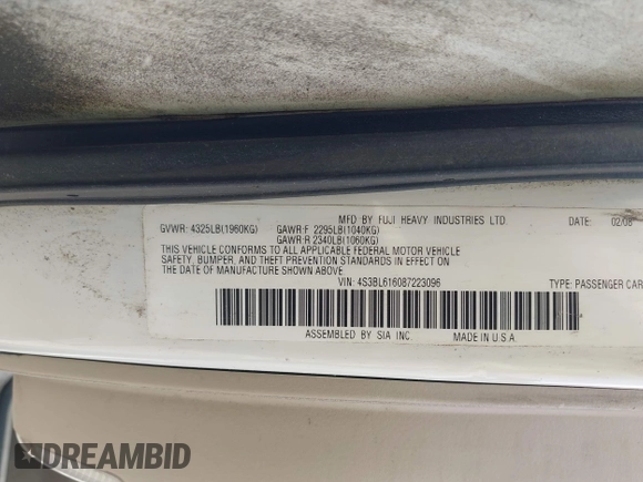 2008 Subaru Legacy Special с VIN 4S3BL616087223096, выставлен на аукционе IAAI как лот 42469298 с пробегом 183 774 миль миль и . История ставок и продаж доступна на DreamBid. Изображение 9.