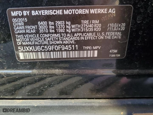 2015 BMW X6 xDrive50i with VIN 5UXKU6C59F0F94511, listed as a Copart auction lot 46913635 with 176,720 mi miles and Clean Title. Bid and sale history available at carsss.com. Image 12.