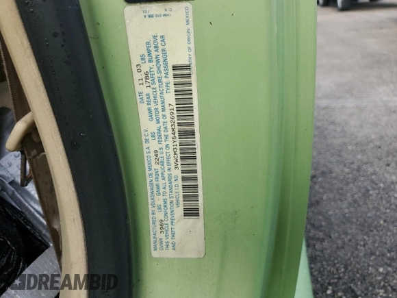 2004 Volkswagen Beetle GLS с VIN 3VWCM31Y54M326917, выставлен на аукционе Copart как лот 74971544 с пробегом Не указан миль и На запчасти • Non repairable. История ставок и продаж доступна на DreamBid. Изображение 13.