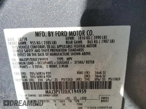 2018 Ford EcoSport SE z VIN MAJ3P1TE0JC194959, wystawiony jako Copart lot #42116404 z przebiegiem Nie podano mil oraz Szkoda całkowita • Salvage title. Historia ofert i sprzedaży dostępna na DreamBid. Obrazek 13.