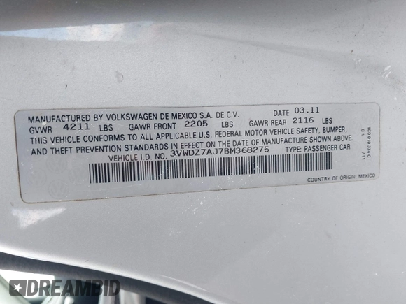 2011 Volkswagen Jetta SE with VIN 3VWDZ7AJ7BM368275, listed as a IAAI auction lot 41444681 with 139,828 mi miles and . Bid and sale history available at DreamBid. Image 9.