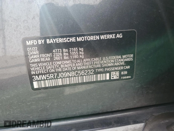 2022 BMW 3 Series 330i xDrive with VIN 3MW5R7J09N8C56232, listed as a Copart auction lot 47318825 with 31,339 mi miles and Salvage Title. Bid and sale history available at carsss.com. Image 12.