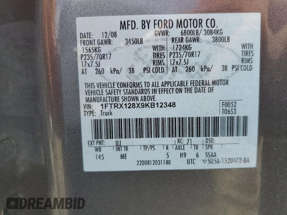 2009 Ford F-150 STX with VIN 1FTRX128X9KB12348, listed as a Copart auction lot 51002435 with 349,277 mi miles and Salvage Title. Bid and sale history available at carsss.com. Image 13.