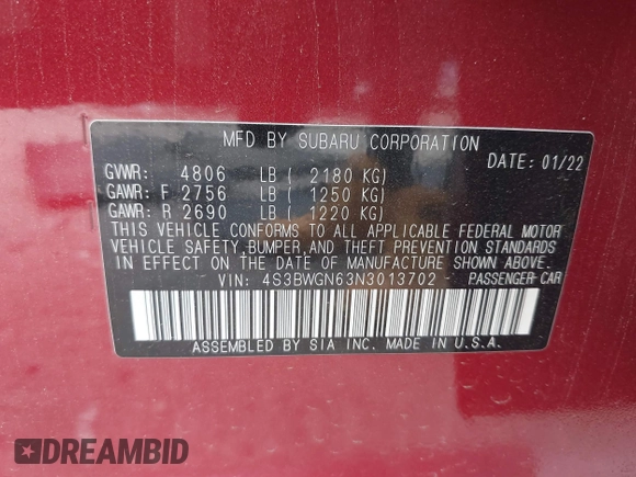 2022 Subaru Legacy Limited XT with VIN 4S3BWGN63N3013702, listed as a IAAI auction lot 41955652 with 44,124 mi miles and . Bid and sale history available at DreamBid. Image 9.