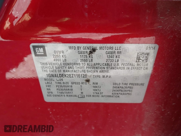 2014 Chevrolet Equinox LTZ with VIN 1GNALDEK2EZ116128, listed as a IAAI auction lot 42192139 with 154,124 mi miles and . Bid and sale history available at DreamBid. Image 9.