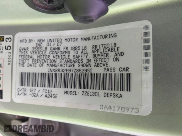 2007 Toyota Corolla CE with VIN 1NXBR32E97Z862950, listed as a IAAI auction lot 39357525 with 231,369 mi miles and . Bid and sale history available at DreamBid. Image 9.