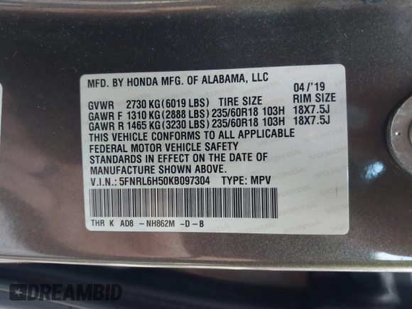 2019 Honda Odyssey EX with VIN 5FNRL6H50KB097304, listed as a IAAI auction lot 41659899 with 128,641 mi miles. Bid and sale history available at carsss.com. Image 9.