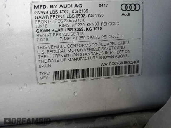 2018 Audi Q3 Premium with VIN WA1BCCFSXJR003408, listed as a Copart auction lot 60112115 with 128,146 mi miles and Salvage title. Bid and sale history available at DreamBid. Image 14.