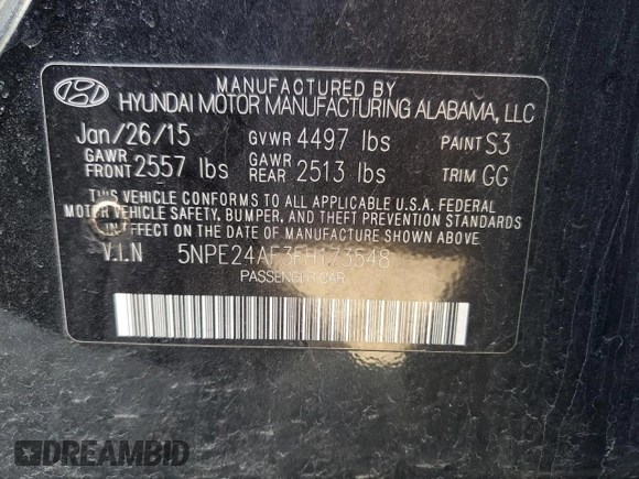 2015 Hyundai Sonata 2.4L SE with VIN 5NPE24AF3FH173548, listed as a Copart auction lot 52028505 with 124,212 mi miles and Salvage Title. Bid and sale history available at carsss.com. Image 13.