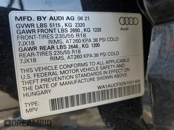 2022 Audi Q3 Premium with VIN WA1AUCF32N1001495, listed as a Copart auction lot 83381104 with 24,682 mi miles and Salvage Title. Bid and sale history available at carsss.com. Image 13.