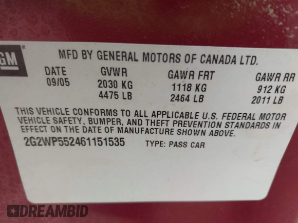 2006 Pontiac Grand Prix z VIN 2G2WP552461151535, wystawiony jako IAAI lot #41963094 z przebiegiem 127 856 mil mil oraz . Historia ofert i sprzedaży dostępna na DreamBid. Obrazek 9.