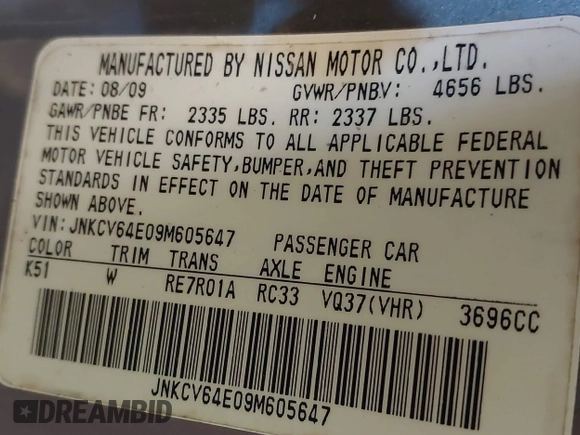 2009 Infiniti G37 with VIN JNKCV64E09M605647, listed as a IAAI auction lot 41809386 with Not Provided miles. Bid and sale history available at carsss.com. Image 9.