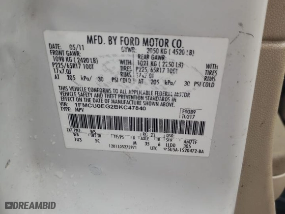 2011 Ford Escape Limited with VIN 1FMCU0EG2BKC47840, listed as a Copart auction lot 44578365 with 155,139 mi miles and Salvage Title. Bid and sale history available at carsss.com. Image 14.