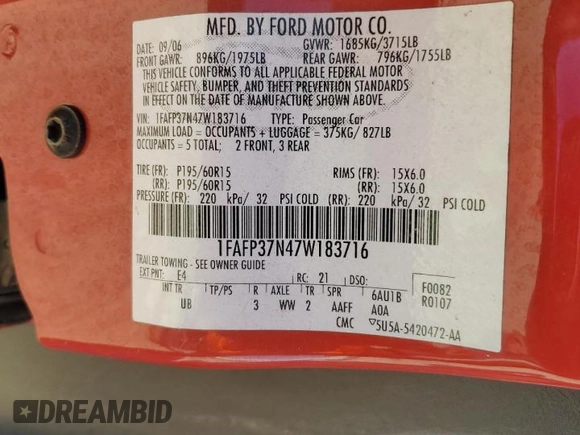 2007 Ford Focus S with VIN 1FAFP37N47W183716, listed as a Copart auction lot 87702785 with 203,315 mi miles and Salvage Title. Bid and sale history available at carsss.com. Image 12.