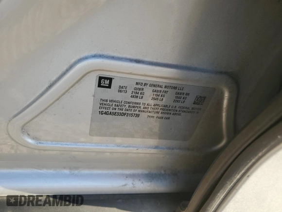 2013 Buick LaCrosse with VIN 1G4GA5E33DF315739, listed as a Copart auction lot 49178125 with 148,680 mi miles and Salvage title. Bid and sale history available at DreamBid. Image 14.