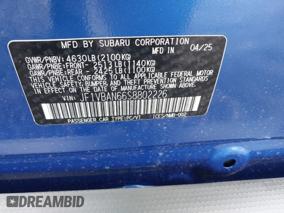 2025 Subaru WRX Limited z VIN JF1VBAN66S8802226, wystawiony jako IAAI lot #42499790 z przebiegiem 199 mil mil oraz . Historia ofert i sprzedaży dostępna na DreamBid. Obrazek 9.
