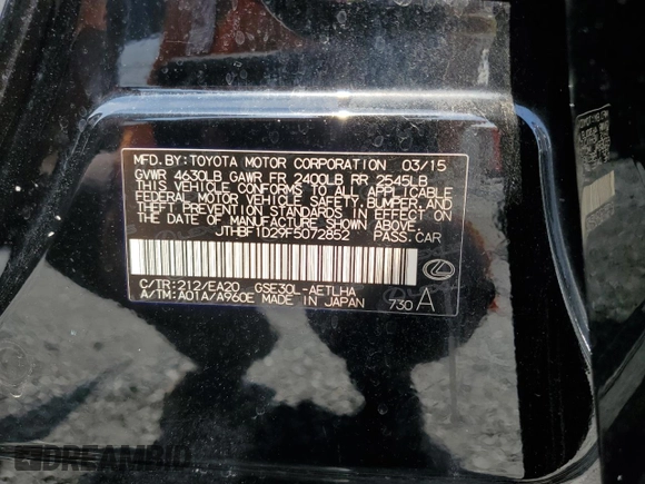 2015 Lexus IS 250 z VIN JTHBF1D29F5072852, wystawiony jako Copart lot #59320505 z przebiegiem Nie podano mil oraz Szkoda całkowita • Salvage title. Historia ofert i sprzedaży dostępna na DreamBid. Obrazek 12.