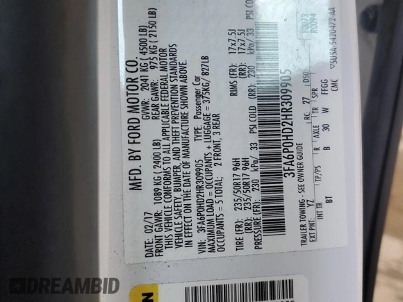 2017 Ford Fusion SE with VIN 3FA6P0HD2HR309905, listed as a Copart auction lot 62265145 with 72,588 mi miles and Salvage title. Bid and sale history available at DreamBid. Image 12.