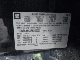 2015 Chevrolet Tahoe LT with VIN 1GNSCBKC9FR600997, listed as a IAAI auction lot 42383789 with 161,151 mi miles and . Bid and sale history available at DreamBid. Image 9.
