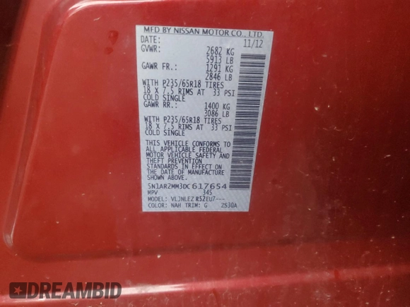 2013 Nissan Pathfinder SL with VIN 5N1AR2MM3DC617654, listed as a Copart auction lot 63143545 with 119,359 mi miles and Clean title. Bid and sale history available at DreamBid. Image 13.