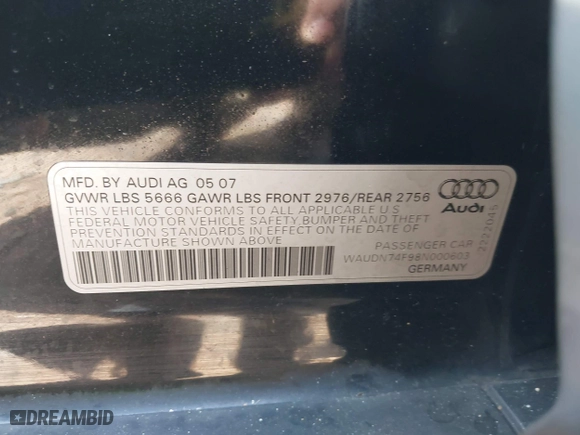 2008 Audi S6 with VIN WAUDN74F98N000603, listed as a IAAI auction lot 42018085 with 152,160 mi miles. Bid and sale history available at carsss.com. Image 9.