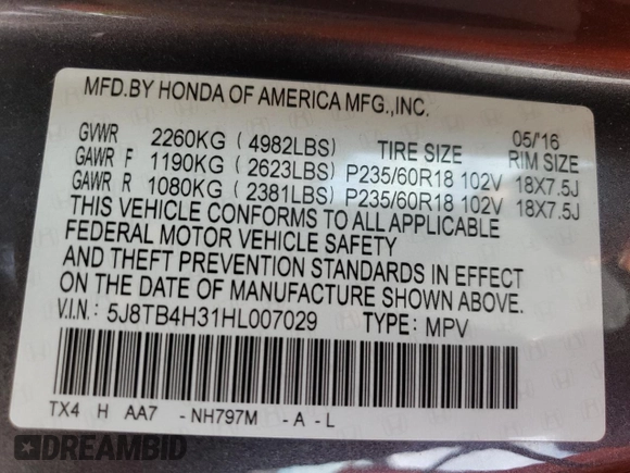 2017 Acura RDX with VIN 5J8TB4H31HL007029, listed as a Copart auction lot 50269835 with 58,159 mi miles and Salvage Title. Bid and sale history available at DreamBid. Image 13.